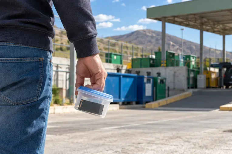 Persona llevando una batería de litio en un recipiente pequeño hacia una instalación de recogida de residuos
