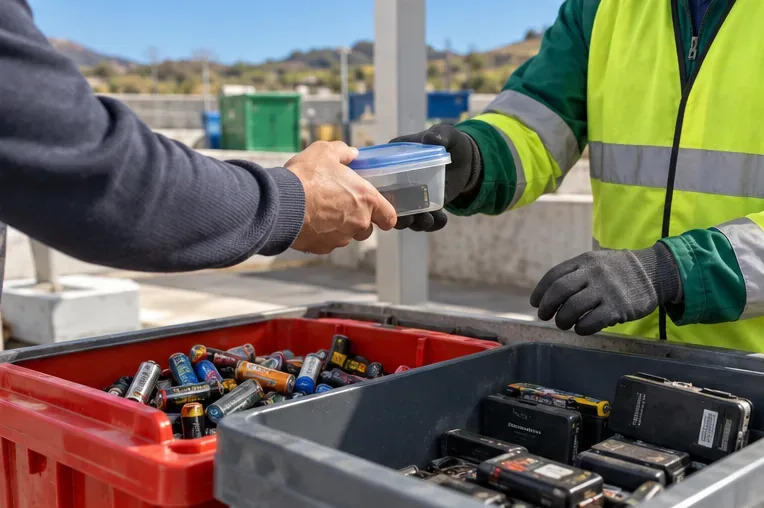 Usuario entregando un recipiente con una batería a un trabajador de un punto de recogida con contenedores de pilas al lado