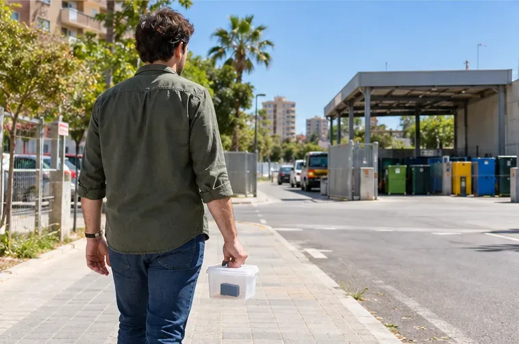 Persona caminando con una pequeña caja transparente que contiene una batería hacia una instalación de recogida en un entorno urbano