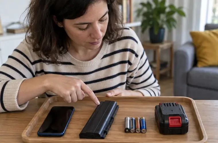 Una persona identifica una batería de teléfono, una batería de portátil, pilas cilíndricas y una batería de herramienta sobre una bandeja