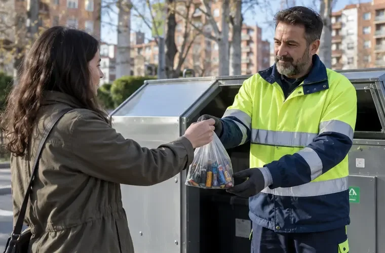 Una ciudadana entrega una bolsa pequeña de baterías domésticas a un trabajador junto a un contenedor municipal de recogida selectiva en Madrid