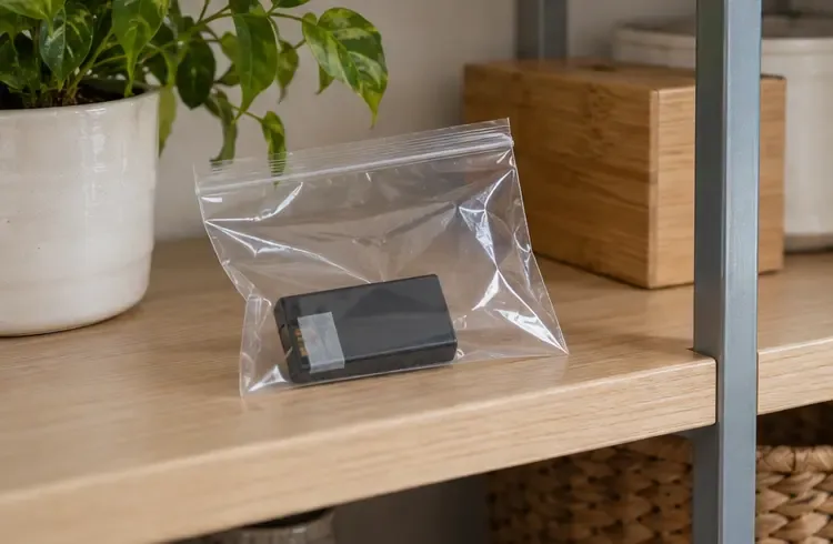 Una batería intacta está guardada sola en una bolsa transparente sobre una superficie limpia y seca