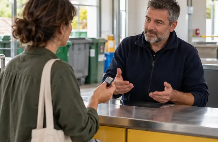 Una vecina consulta con un trabajador en un mostrador de recepción sobre dónde entregar una batería pequeña