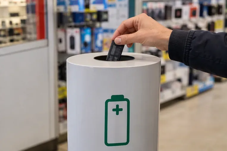 Persona introduciendo una batería portátil en un contenedor de recogida situado dentro de una tienda de electrónica