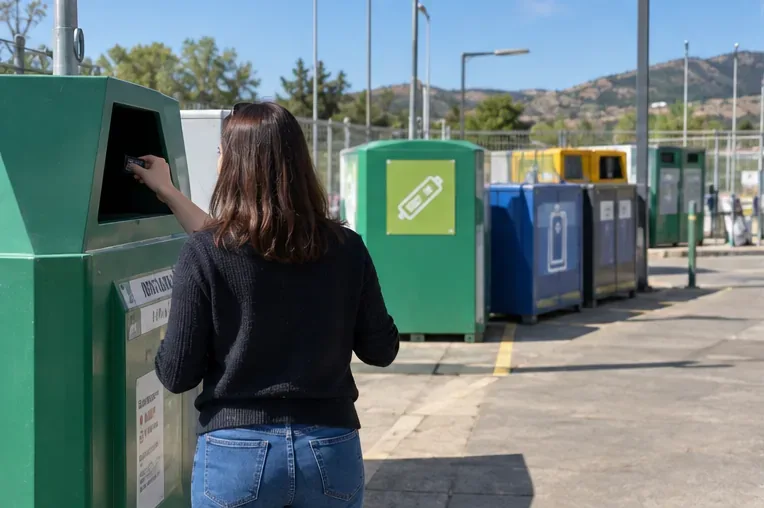 Persona depositando una batería en un contenedor específico dentro de un punto de recogida de residuos especiales