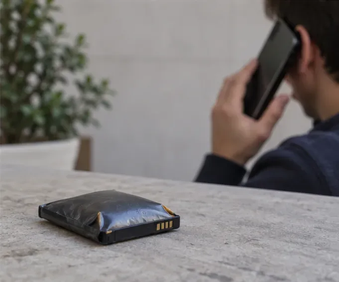 Batería de litio visiblemente hinchada sobre una superficie despejada mientras una persona solicita orientación por teléfono