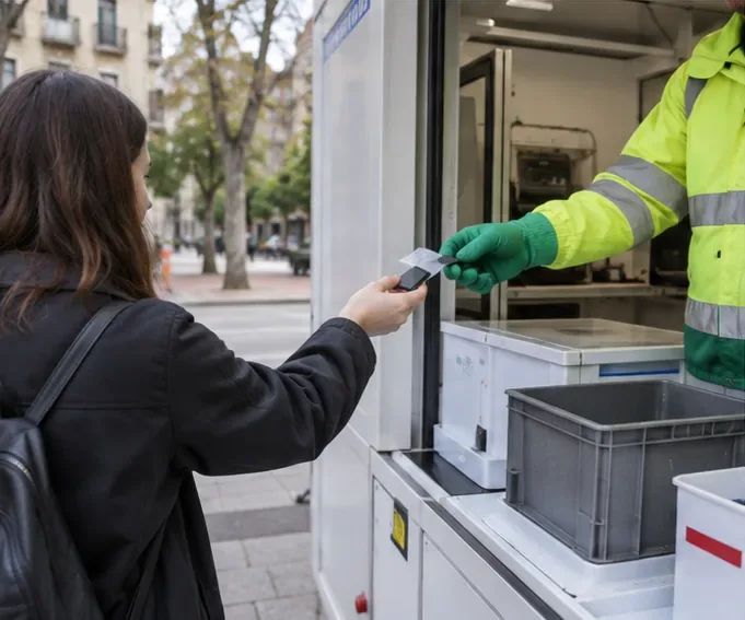 Una persona entrega una pequeña batería a un trabajador de un punto de recogida móvil de residuos