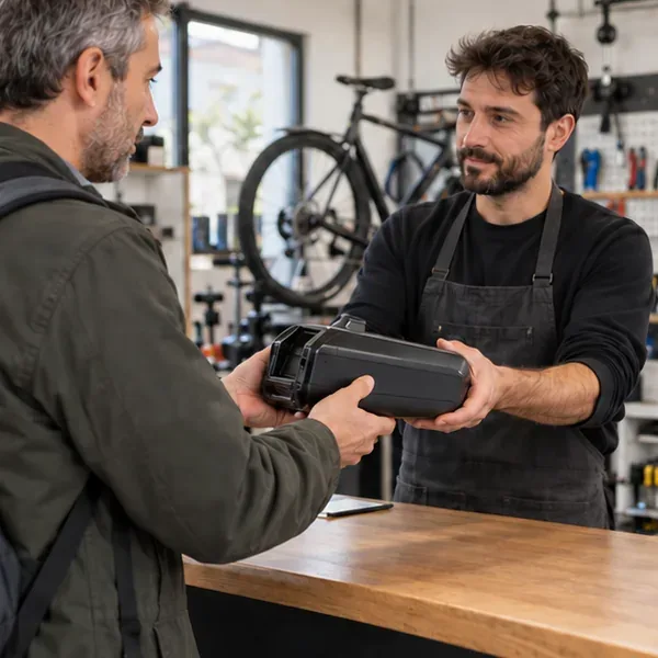 Un usuario entrega una batería grande de bicicleta eléctrica a un técnico en un taller de reparación