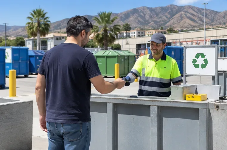 Una persona entrega una batería pequeña a un trabajador en una instalación de recogida selectiva de residuos