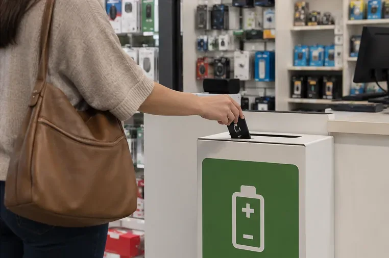 Una persona deposita una batería pequeña en un recipiente específico de recogida dentro de una tienda de electrónica