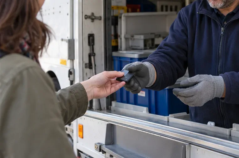 Una persona entrega una batería pequeña intacta a un trabajador junto a un vehículo de punto limpio móvil