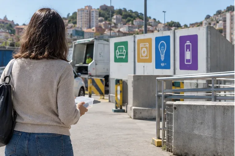 Persona llegando a una instalación de reciclaje con una batería protegida en un recipiente