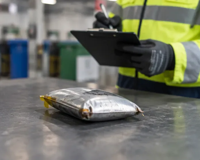 Una batería tipo bolsa visiblemente hinchada descansa sobre una superficie de trabajo mientras un operario con guantes la inspecciona
