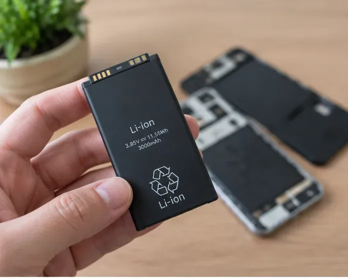 Una mano sostiene una batería recargable de ion de litio extraíble junto a un teléfono abierto sobre una mesa