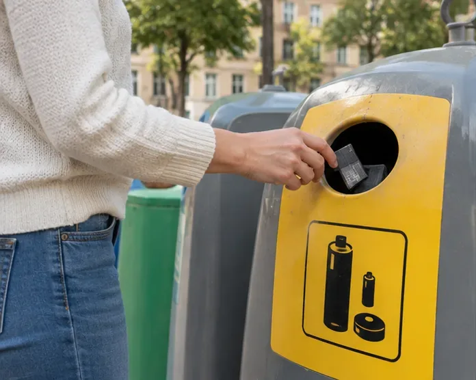 Una persona introduce una batería pequeña en un contenedor urbano identificado visualmente para pilas usadas