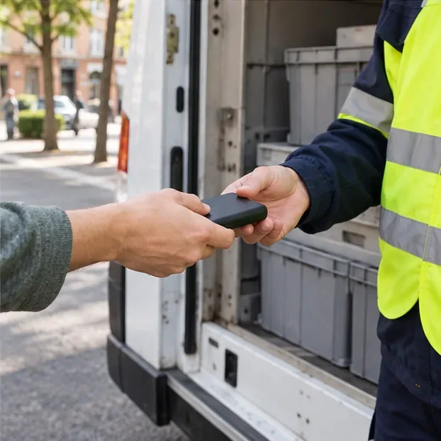Una persona entrega una batería externa intacta a un trabajador en un punto de recogida móvil