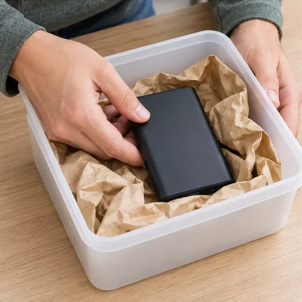Una persona coloca una batería externa intacta en un recipiente limpio no metálico con papel de protección