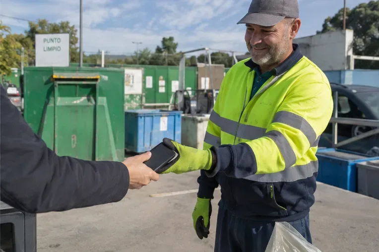 Una persona entrega una batería externa a un trabajador en una instalación de punto limpio.