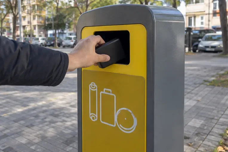 Una mano introduce una batería externa en un contenedor urbano destinado a pilas y baterías.