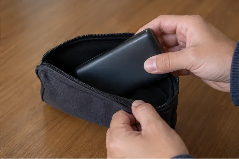 Una batería externa negra se guarda sola en una funda acolchada antes del desplazamiento a un punto de recogida.