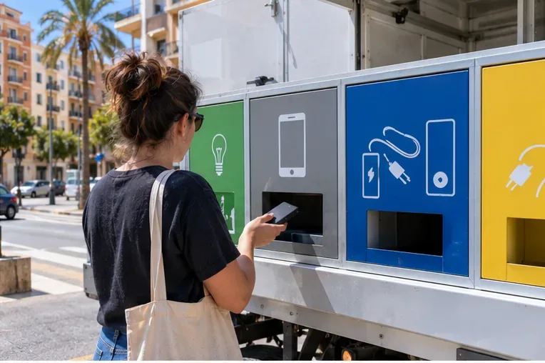 Una mujer se acerca con una batería externa a un punto móvil de recogida selectiva con compartimentos para residuos eléctricos