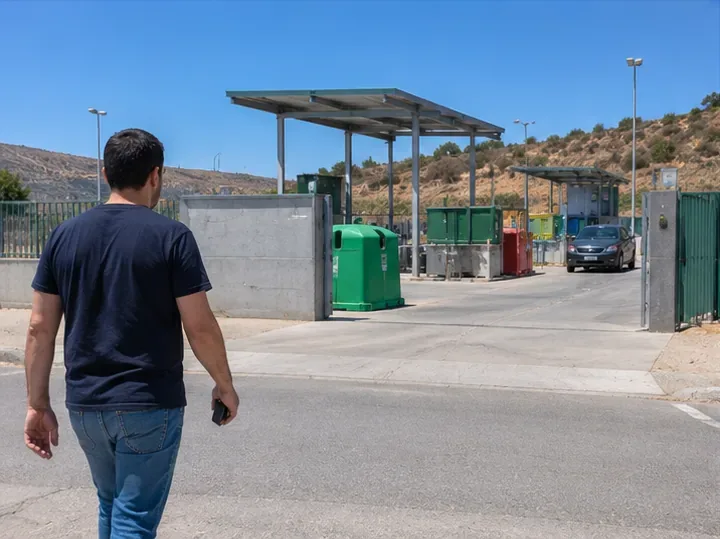 Persona caminando hacia la entrada de un punto limpio con contenedores de reciclaje