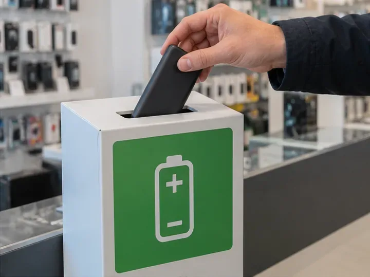 Mano depositando una batería externa en un contenedor de recogida dentro de una tienda de electrónica