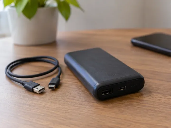 Batería externa negra junto a un cable USB sobre una mesa de madera