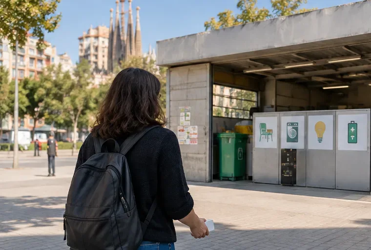 Una usuaria llega a un punto de recogida de residuos en Barcelona con una batería externa para entregarla correctamente.