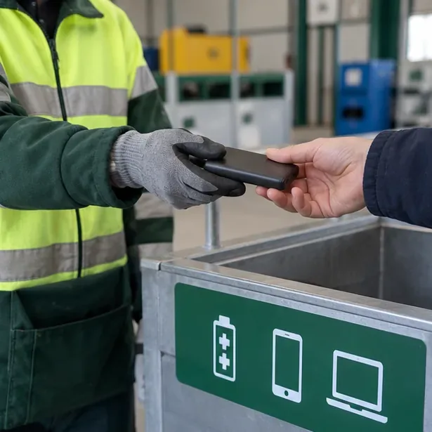 Trabajador de una instalación de reciclaje recibiendo una batería externa de manos de una persona
