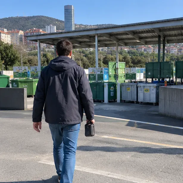 Persona caminando con una batería externa hacia una instalación de recogida selectiva