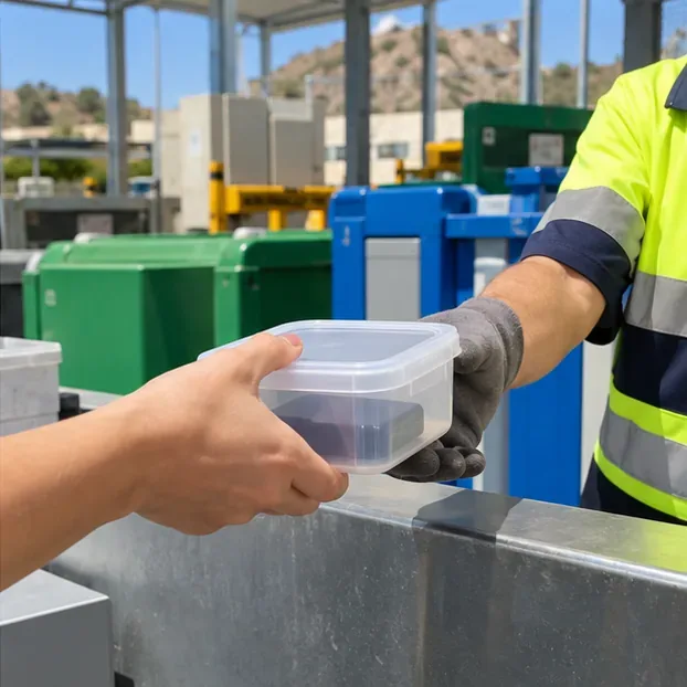 Trabajador de un punto de reciclaje recibiendo un recipiente con una batería externa