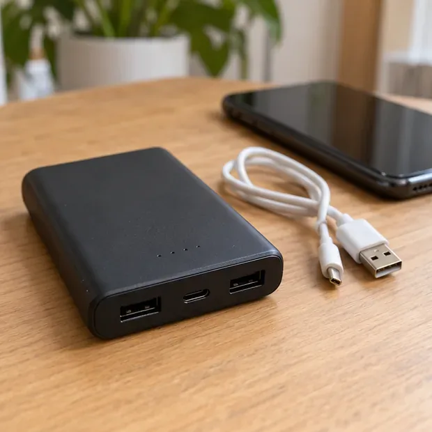 Batería externa negra sobre una mesa junto a un cable USB y un teléfono móvil