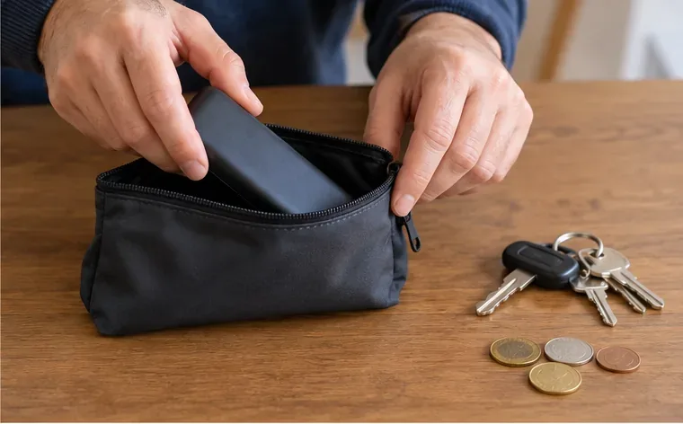Una batería externa se guarda en una funda separada de llaves y monedas sobre una mesa