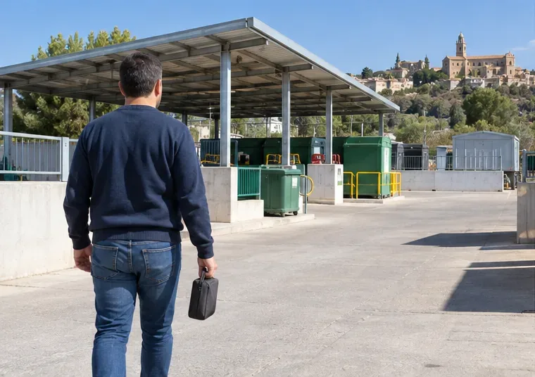 Una persona llega a pie a una instalación de reciclaje con una pequeña funda en la mano