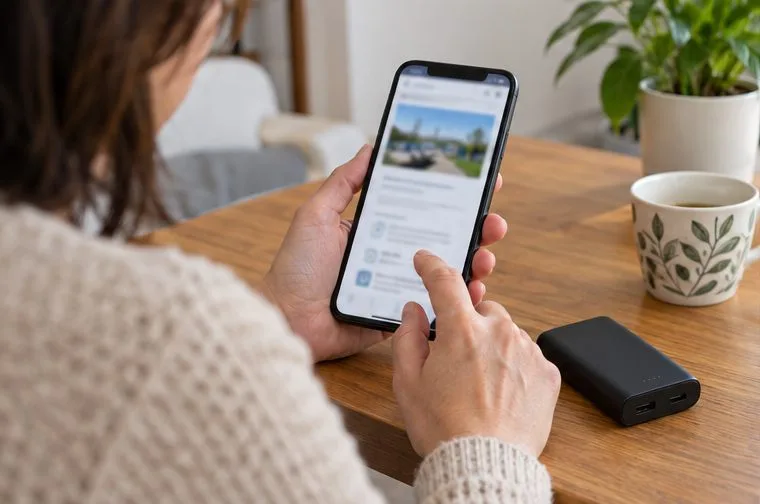 Una persona consulta información municipal en un teléfono junto a una batería externa
