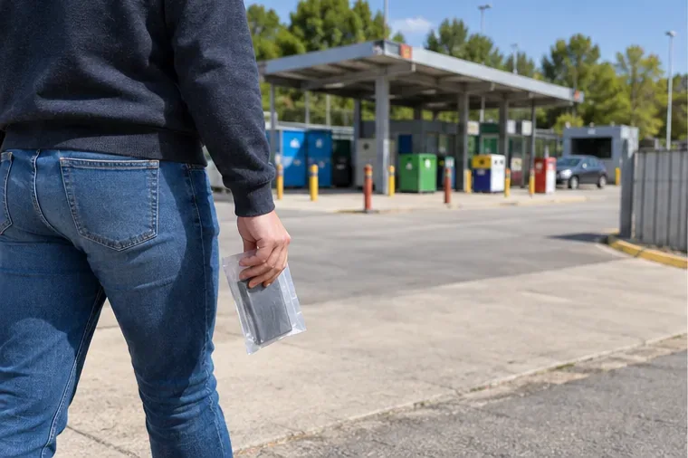 Persona caminando hacia una instalación de recogida de residuos mientras lleva una batería externa protegida en una bolsa