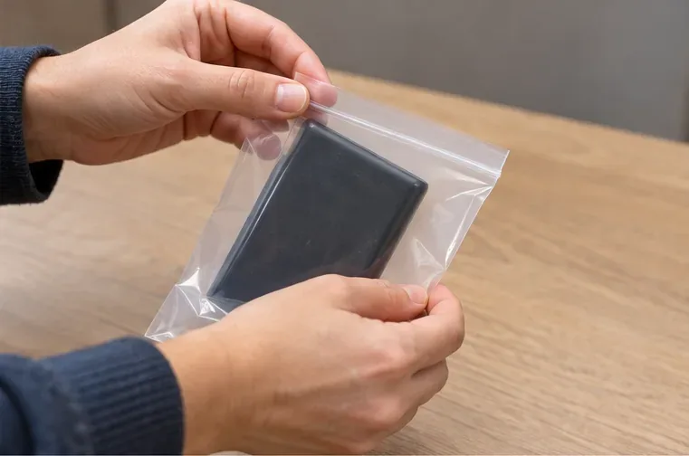 Manos colocando una batería externa negra dentro de una bolsa transparente con cierre para transportarla separada