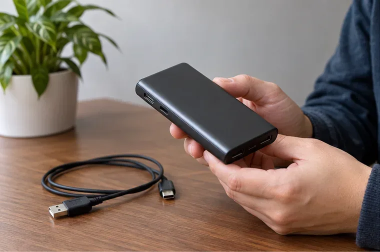Persona revisando una batería externa negra y su cable sobre una mesa antes de llevarla a reciclar