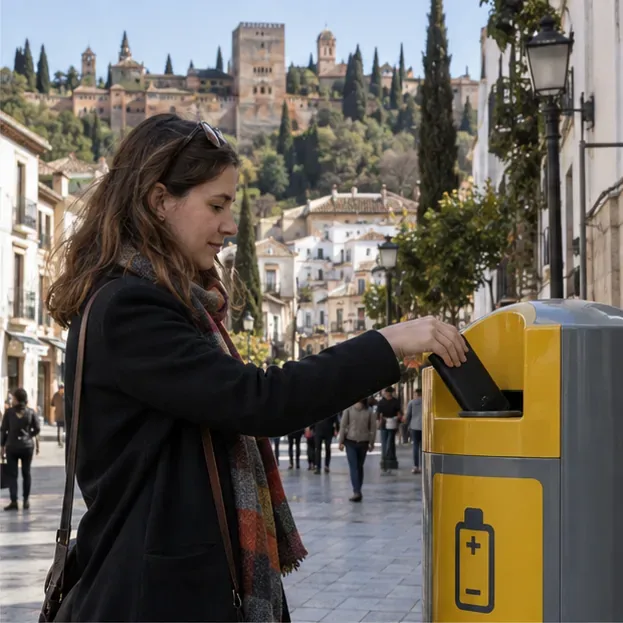Una mujer introduce una batería externa negra en un contenedor urbano amarillo con un símbolo de batería, en una calle peatonal.
