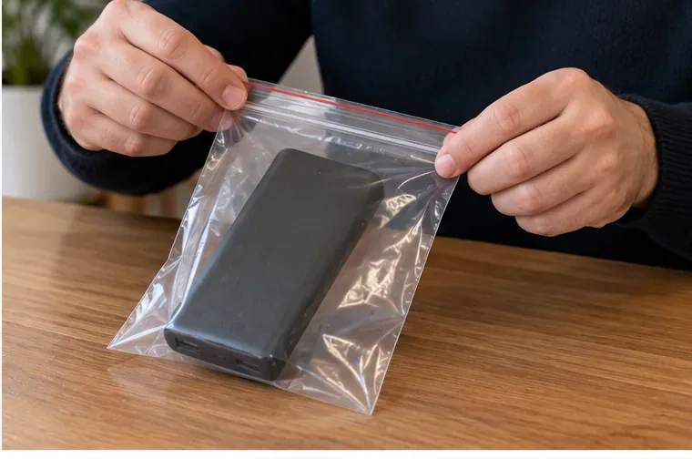 Una batería externa negra colocada de forma individual dentro de una bolsa transparente para mantenerla separada durante el traslado