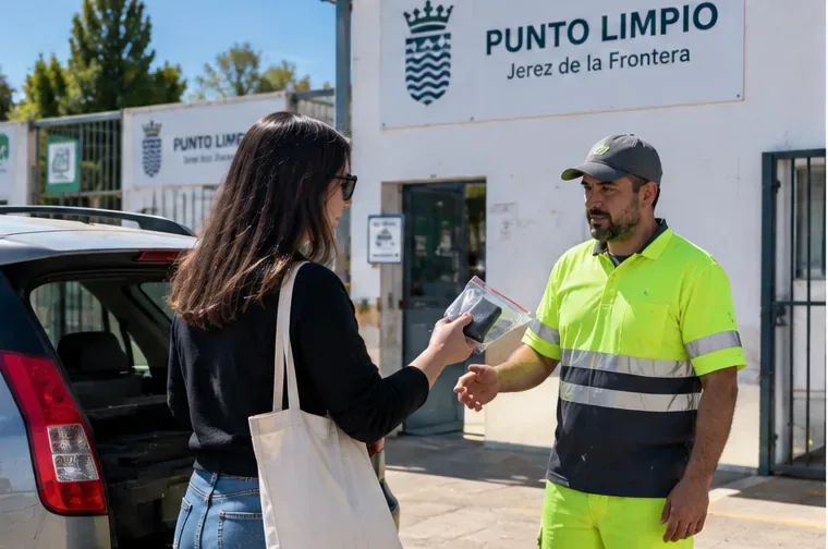 Una mujer entrega una batería externa protegida a un operario en la entrada de un punto limpio