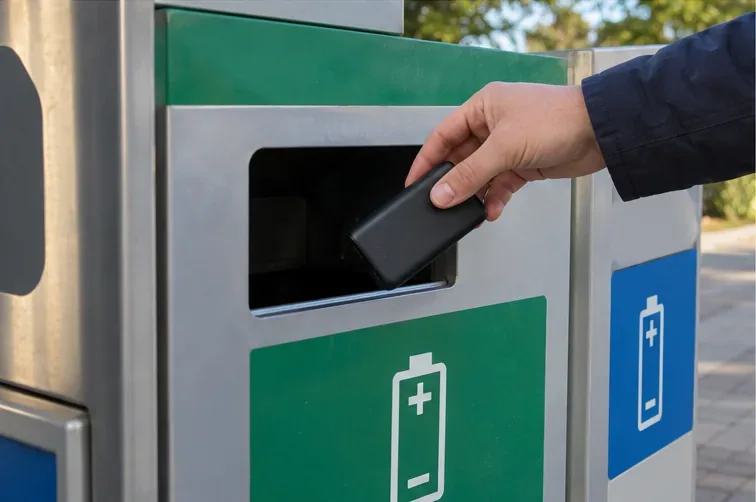 Una mano deposita una batería externa en un recipiente de recogida de baterías