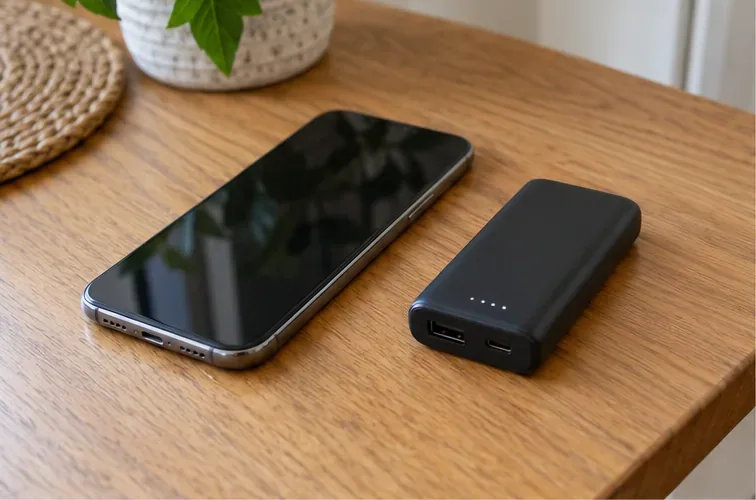 Batería externa negra colocada junto a un teléfono móvil sobre una mesa de madera