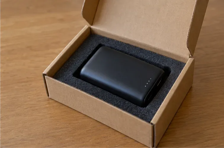 Batería externa intacta encajada en el interior de una caja rígida con protección
