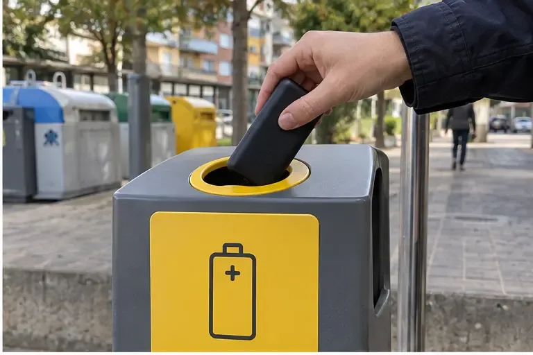 Mano depositando una batería externa intacta en un recipiente específico para baterías en un punto de recogida