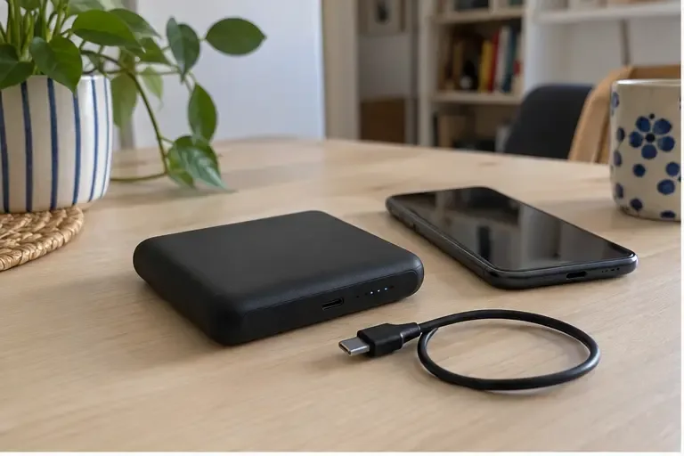 Batería externa negra intacta junto a un teléfono móvil y un cable USB sobre una mesa