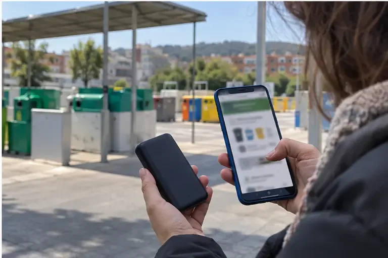 Persona sosteniendo una batería externa mientras consulta información de reciclaje en un teléfono frente a una zona de recogida