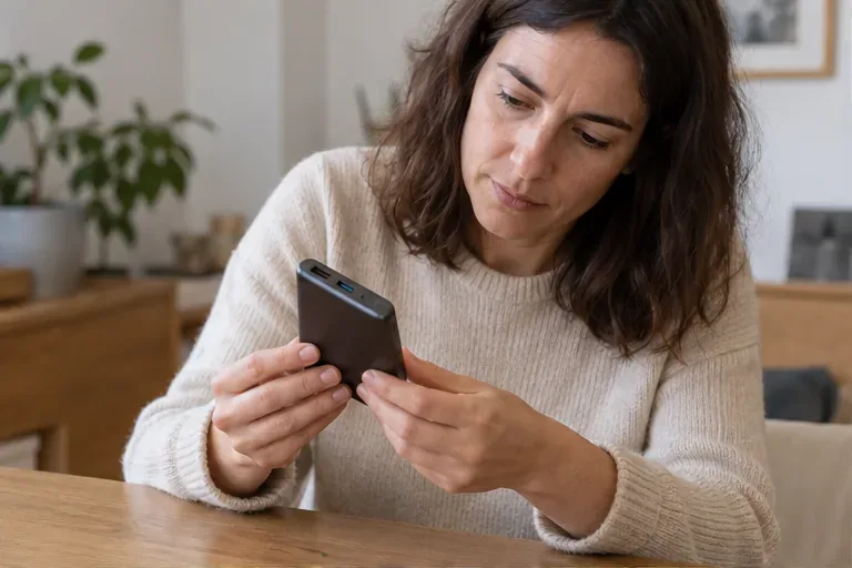Una mujer revisa en la mesa una batería externa portátil intacta y observa la carcasa y los puertos.