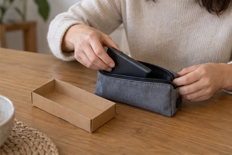 Una persona introduce una batería externa negra en una funda separada de otros objetos sobre una mesa.